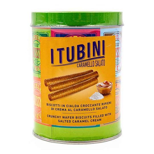 Хрустящие вафельные трубочки с соленой карамелью TUBINI CARAMELLO SALATO Bussy, 280 г (туба ж/б)