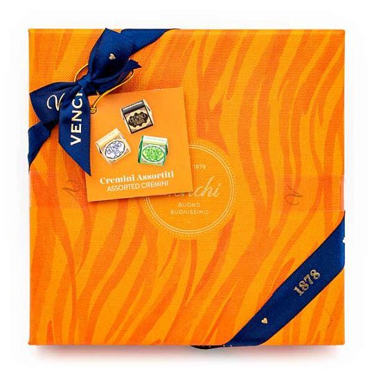 Ассорти конфет в темном шоколаде, 3 вида, VENCHI, 127 г (подарочная оранжевая шкатулка Мурано)